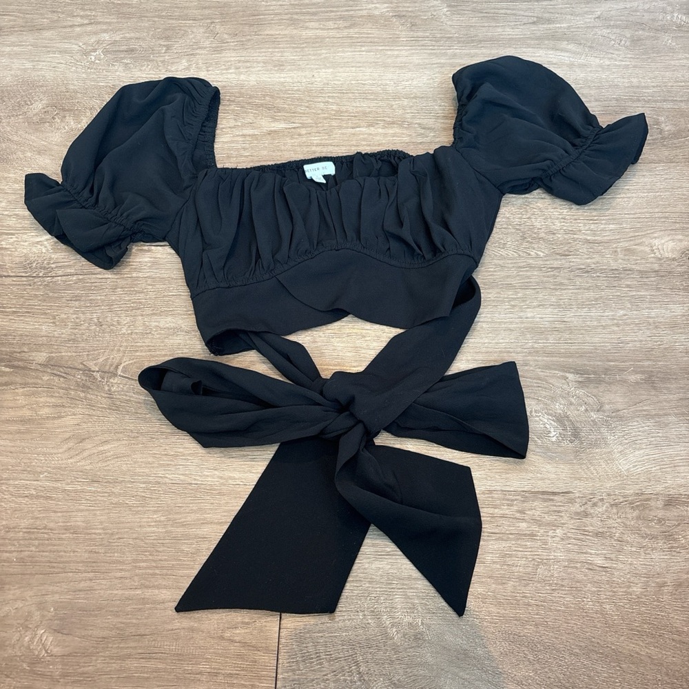 Better Be Black Puff Sleeve Tie-Front Crop Top